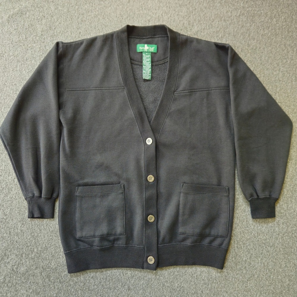 Vtg HUNTER CLUB Black Cardigan Fleece 90s Equestrian Librarian Dark Academia S